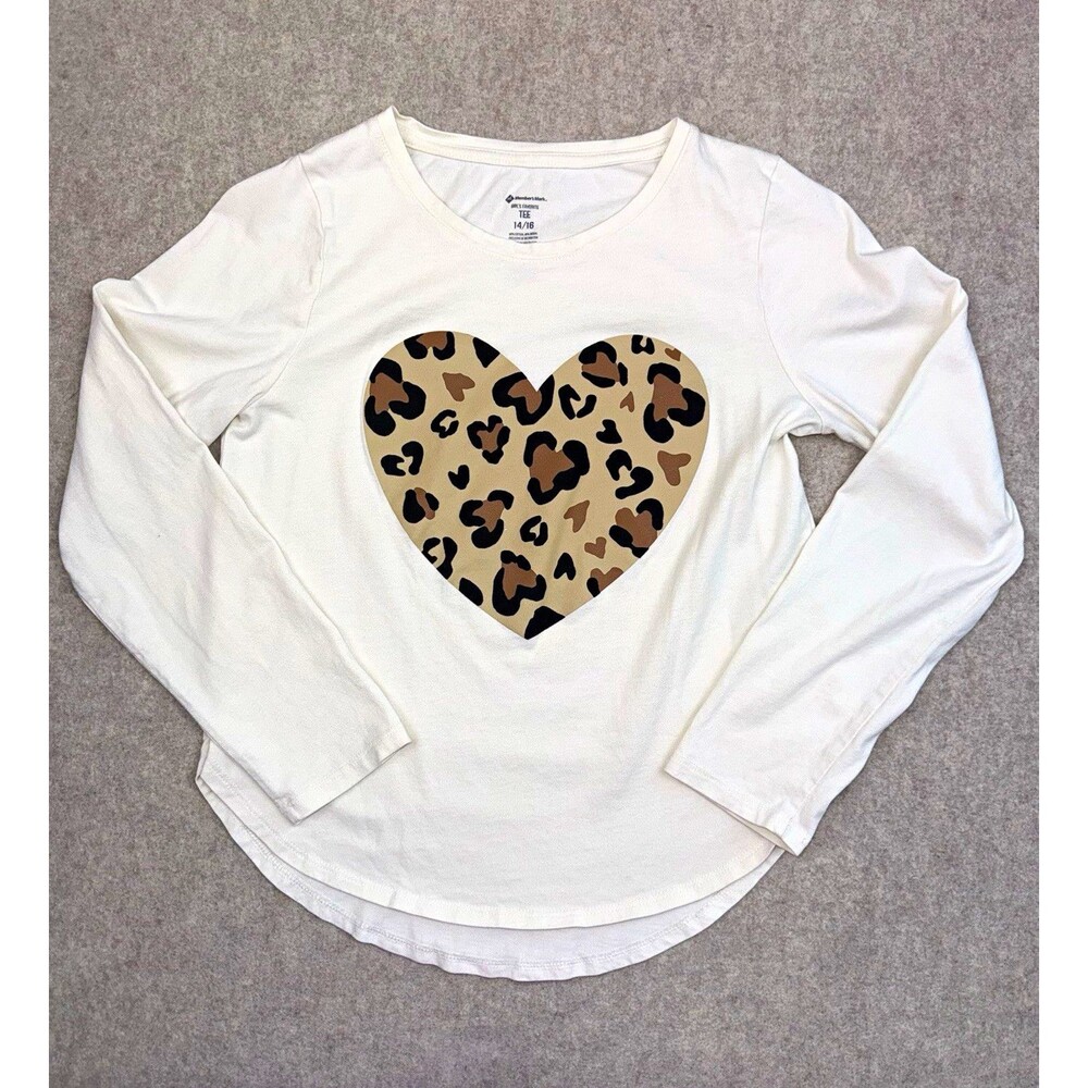 Cat & Jack Girls 14/16 White Long Sleeve Leopard Heart Graphic Tee